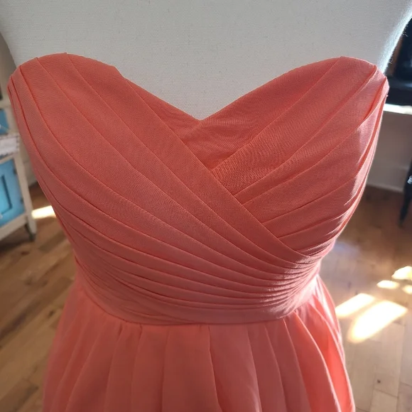 New Coral Peach Chiffon Strapless Dress - Picture 9 of 12